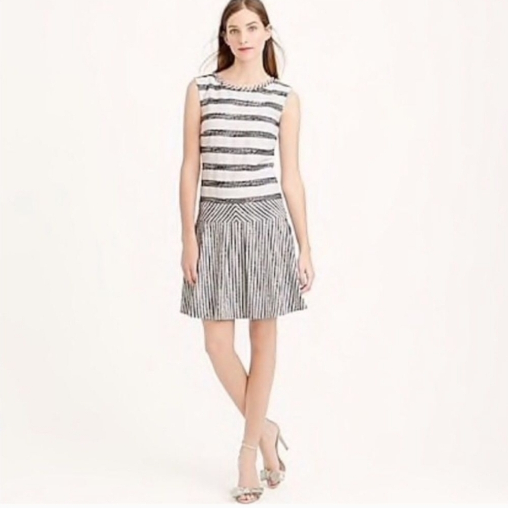 J. Crew Tweed Drop Waist Flounce Sleeveless Dress Black White Striped Sz 2